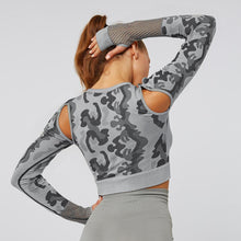 Load image into Gallery viewer, Camouflage long sleeve crop top yoga hollow out mesh top