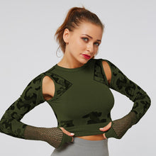 Load image into Gallery viewer, Camouflage long sleeve crop top yoga hollow out mesh top