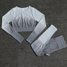 Load image into Gallery viewer, Womens Yoga Set Workout Long Sleeve Crop Top High Waist Leggings Gradient Set