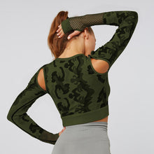 Load image into Gallery viewer, Camouflage long sleeve crop top yoga hollow out mesh top