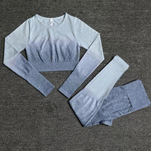 Load image into Gallery viewer, Womens Yoga Set Workout Long Sleeve Crop Top High Waist Leggings Gradient Set