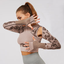 Load image into Gallery viewer, Camouflage long sleeve crop top yoga hollow out mesh top