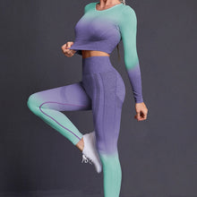 Load image into Gallery viewer, Womens Yoga Set Workout Long Sleeve Crop Top High Waist Leggings Gradient Set