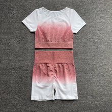 Load image into Gallery viewer, Womens Yoga Set Workout Long Sleeve Crop Top High Waist Leggings Gradient Set