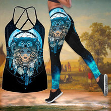 Load image into Gallery viewer, Women's 3D Native Wolf Dreamcatcher Criss-Cross Yoga Leggings + Combo Hollow Out Tank Top Summer Sleeveless Graphic Shirt