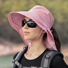 Load image into Gallery viewer, Women Wide Large Brim Sun Hat With UV Protection,Neck Shawl And Hole For Your Ponytail