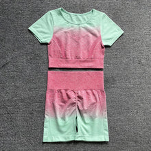 Load image into Gallery viewer, Womens Yoga Set Workout Long Sleeve Crop Top High Waist Leggings Gradient Set