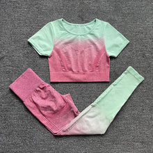 Load image into Gallery viewer, Womens Yoga Set Workout Long Sleeve Crop Top High Waist Leggings Gradient Set