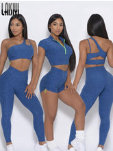 Load image into Gallery viewer, 2 Piece Set Outfit For Woman Sexy Bra V Waist Leggings Crop Top with Zipper