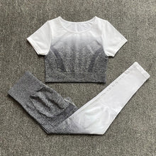 Load image into Gallery viewer, Womens Yoga Set Workout Long Sleeve Crop Top High Waist Leggings Gradient Set