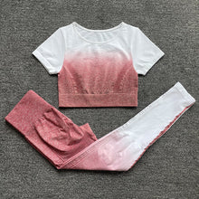 Load image into Gallery viewer, Womens Yoga Set Workout Long Sleeve Crop Top High Waist Leggings Gradient Set
