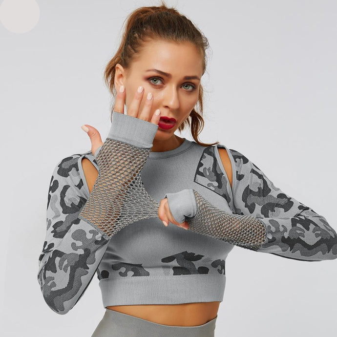 Camouflage long sleeve crop top yoga hollow out mesh top