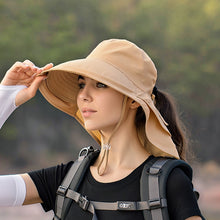 Load image into Gallery viewer, Women Wide Large Brim Sun Hat With UV Protection,Neck Shawl And Hole For Your Ponytail