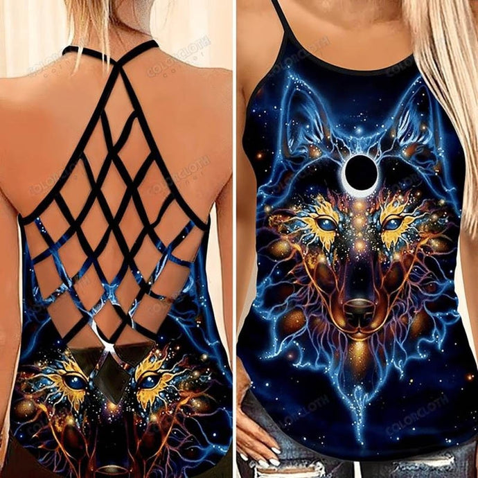 Ethereal Native Wolf Criss-Cross Open Back Yoga Top for Women