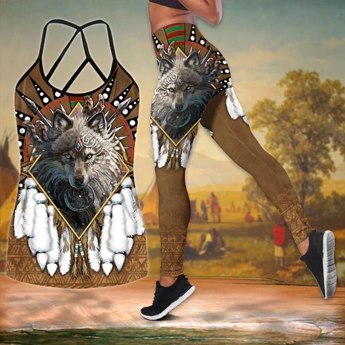 Women's 3D Native Wolf Dreamcatcher Criss-Cross Yoga Leggings + Combo Hollow Out Tank Top Summer Sleeveless Graphic Shirt