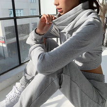 Load image into Gallery viewer, Drawstring High Collar Hooded Sports Set