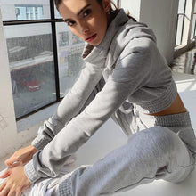 Load image into Gallery viewer, Drawstring High Collar Hooded Sports Set