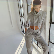 Load image into Gallery viewer, Drawstring High Collar Hooded Sports Set